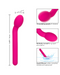 Image of a pink silicone Bliss Tulip Beginner G-Spot Vibrator by CalExotics highlighting features such as 10 escalating speeds of vibration, perfect curve for g-spot stimulation, and waterproof, durable silicone construction.