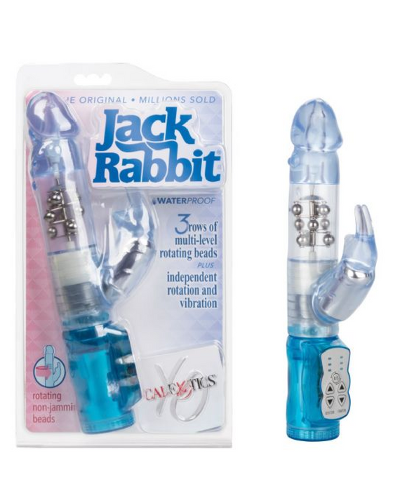 Waterproof Jack Rabbit Vibrator in blue  next to product package 