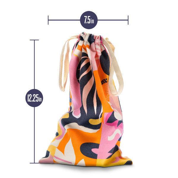 Introducing the Blush Burst Colorful Toy Storage Bag by Blush, a drawstring cotton storage solution adorned with vibrant abstract patterns in shades of yellow, pink, orange, and dark blue. This machine washable bag measures 7.5 inches wide by 12.25 inches tall, making it ideal for storing sex toys or other small items.