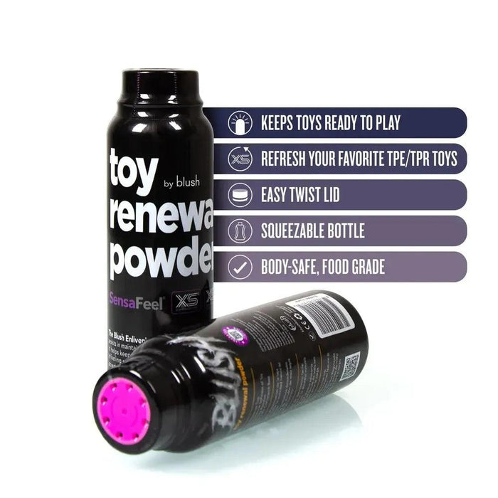 Two bottles of Blush SensaFeel & TPE Toy Renewal Powder 3.4 oz are displayed. The standing bottle's label highlights features such as keeping toys ready to play, refreshing self-lubricated TPE/TPR toys, an easy twist lid, a squeezable bottle, and body-safe, food-grade ingredients. The other bottle lies horizontally.