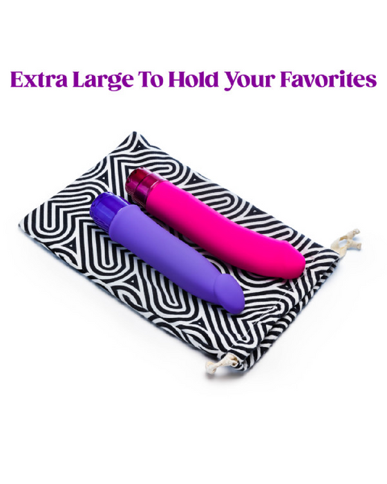 Blush Bomba Black & White Sex Toy Storage Bag with pink and blue vibes on top 
