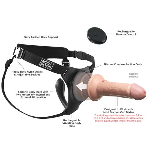 A diagram showcasing the features of a Body Dock G-Spot Pro Vibrating Suction Cup Harness with a wireless remote control, and vibrating functions from Pipedream Products.