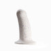 The Boo Thick Smooth 5.5 Inch Silicone Suction Cup Dildo is a white, curved toy with a wider shaft, blue speckles, and a flat suction cup base. Made of body-safe silicone with a smooth surface and small embossed design, shown against a plain white background.