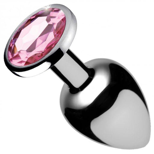 The Booty Sparks Pink Gem Aluminum Butt Plug is metallic and bulbous with a smooth, shiny finish. Its flat end has a faceted pink gem that enhances its allure, making it stand out against a plain white backdrop.