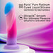 The Borealis Dreams Girthy Textured 7.75 Inch Silicone Dildo in pastel blue, pink, and purple stands upright on a wavy background. Pure platinum-cured silicone, Ultrasilk smooth finish, and sturdy base are ideal for harness or suction cup play.