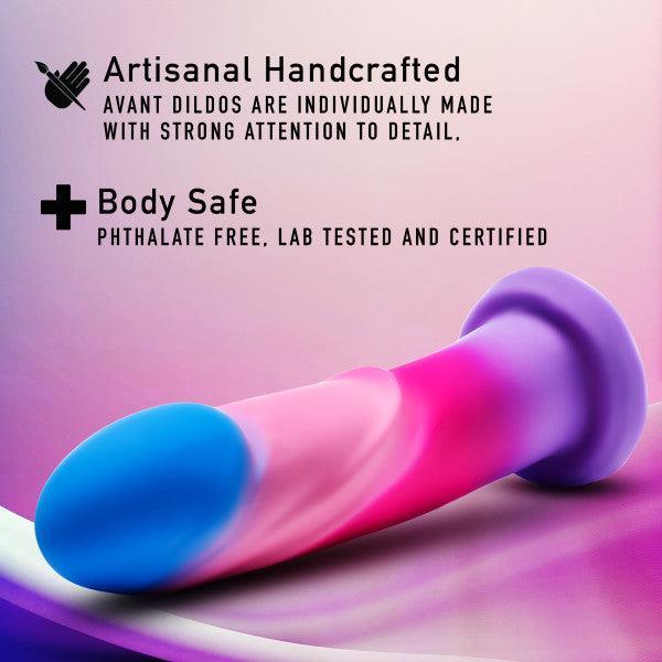 The Borealis Dreams Girthy Textured 7.75 Inch Silicone Dildo, shown in pink and blue with a suction cup base on a pastel background, features artisanal handcrafted design, is body safe, phthalate free, and lab tested/certified.
