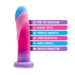 The Borealis Dreams Girthy Textured 7.75 Inch Silicone Dildo in pink, blue, and purple features an ultrasilk smooth texture, handcrafted design, strong suction cup base, body-safe silicone, and is strap-on harness compatible.