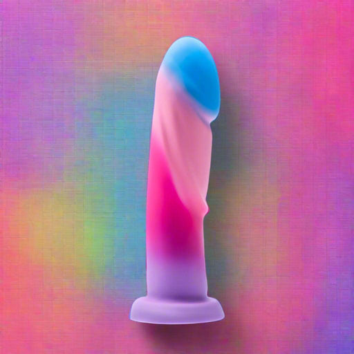The Borealis Dreams Girthy Textured 7.75 Inch Silicone Dildo features a pink shaft, blue tip, and wide base for strap-on harness use or hands-free play with its suction cup, displayed upright against a pastel rainbow gradient background.