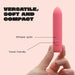 A hand holds the Ily Squishy Classic Silicone Bullet Vibrator—small, pink, "whisper quiet," and "travel-friendly." Bold text says "Versatile, Soft and Compact" on a pale background—the ideal rechargeable toy for discreet pleasure anywhere.