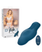 A blue Dual Rider Remote Control Bump & Grind Humping Vibrator is displayed next to its packaging. The packaging features a model in white lingerie and the product branding "CalExotics.” The waterproof vibrator has a ribbed texture on one end and a smooth, curved design.
