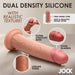 The Jock Real Skin 8.5 Inch Silicone Suction Cup Dildo - Caramel is shown with features labeled: super stretchy skin, vivid glands, lifelike veins, a firm inner core with a soft outer layer, and the Jock logo at the bottom right.