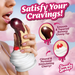 A woman with glossy lips prepares to lick the Chocolate Dipped Banana Split Silicone Dildo, featuring a smooth tip for G-spot stimulation and a realistic cherry detail. Pink clouds and whipped cream fill the background.