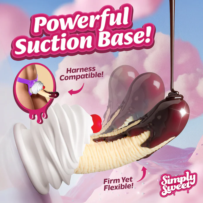 A playful ad features the Chocolate Dipped Banana Split Silicone Dildo—banana-shaped with whipped cream, cherry, and chocolate details. Text highlights G-spot stimulation, strong suction base, and harness compatibility. Simply Sweet logo in the corner.