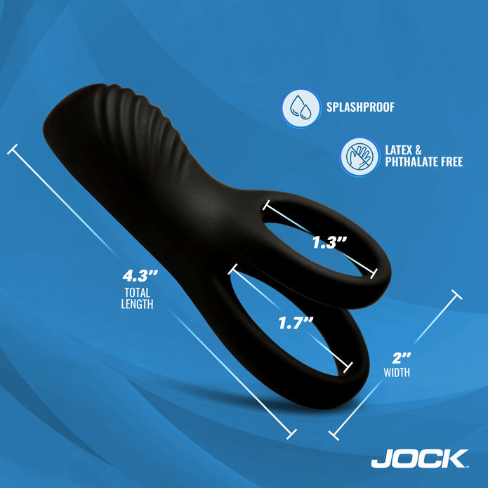 The Hard-On Vibrating Silicone Cock Ring with Clit Stim is black, made of silicone, splashproof, latex & phthalate-free. It measures 4.3" long, 2" wide, ring diameters of 1.7" & 1.3". Blue background with product info included.