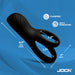The Hard-On Vibrating Silicone Cock Ring with Clit Stim is black, made of silicone, splashproof, latex & phthalate-free. It measures 4.3" long, 2" wide, ring diameters of 1.7" & 1.3". Blue background with product info included.