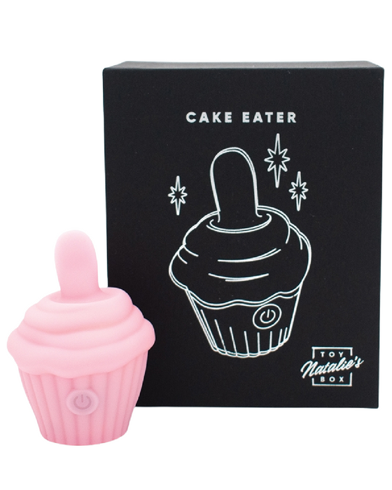 Cake Eater Clitoral Stimulator Tongue Vibrator - Pink next to black keepsake box 