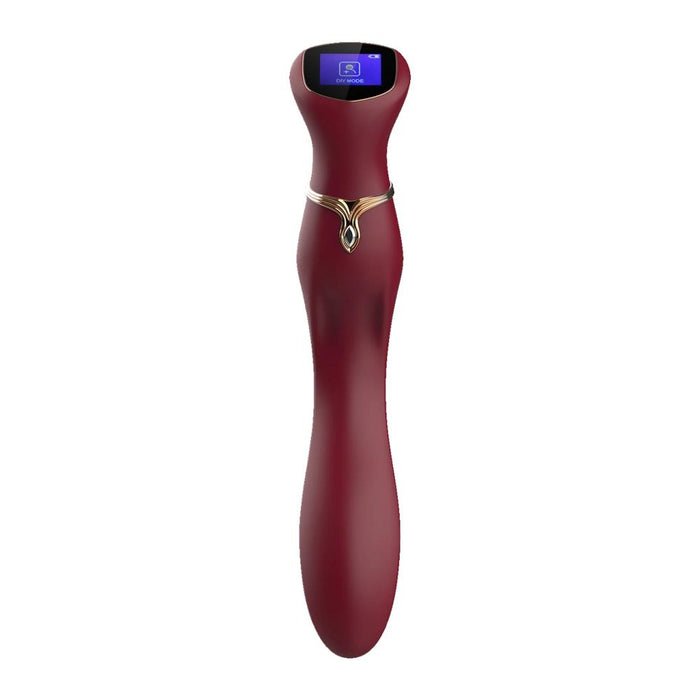 The maroon Chance Waterproof Touch Screen G-Spot Vibrator is wand-shaped, crafted from medical-grade silicone, with a gold-accented neck and a small LED touch screen at the top, displayed on a plain white background.