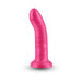 The Charlie Small Sleek 5 inch Pink Silicone Dildo features a bright pink color, rounded tip, flared base, and stands upright on a plain white background.