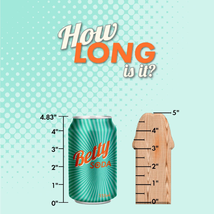 A turquoise "Betty Soda" can (4.83 inches tall) stands beside a 5-inch wooden thumb-shaped ruler to measure the Charlie Small Sleek 5 inch Pink Silicone Dildo. The text above asks, "How LONG is it?.