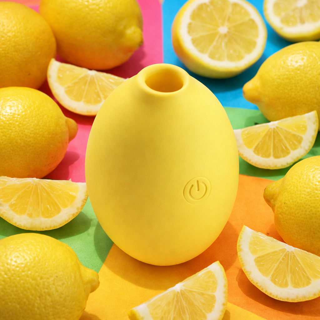The Lemon Powerful Clitoral Air Pulsation Suction Vibrator, a discreet yellow oval-shaped toy with a power button symbol, is surrounded by whole lemons and slices on a vibrant background of orange, blue, green, and pink sections.