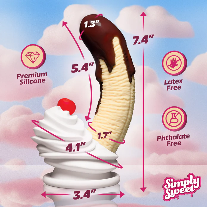 The Chocolate Dipped Banana Split Silicone Dildo with Suction Cup is banana-shaped, chocolate-tipped, and stands in whipped cream with a cherry on top. Made of premium body-safe silicone; phthalate & latex free. Features suction base for hands-free fun. “Simply Sweet” logo.