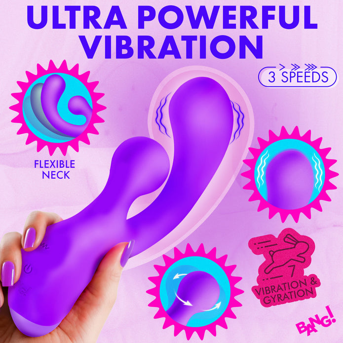 A hand holds the Clit Tapping G-Spot Pulsing Rabbit Flexible Silicone Vibrator, with text highlighting "Ultra Powerful Vibration," "Flexible Neck," "3 Speeds," and "Vibration & Gyration." Pink and blue graphics spotlight its G-spot stimulation.