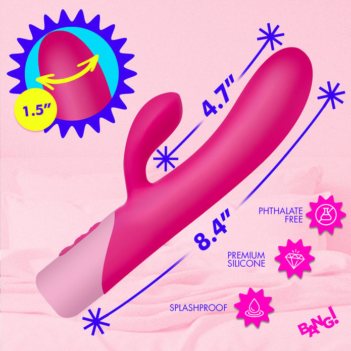 The Clit Tapping Rabbit Flexible Silicone Vibrator in pink features dual ends, measures 8.4" long with 4.7" insertable, and has a 1.5" rotating tip for G-spot stimulation. Made from phthalate-free premium silicone, it's splashproof for easy cleaning.