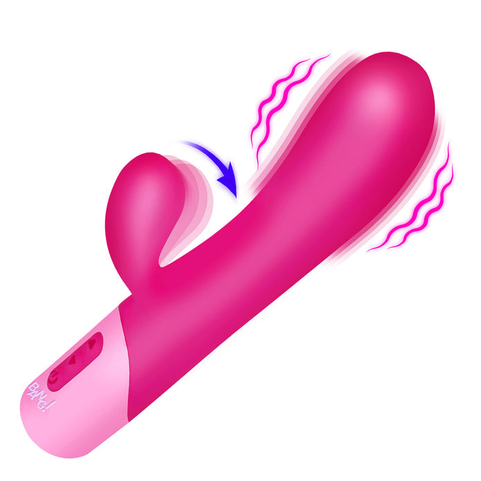 The Clit Tapping Rabbit Flexible Silicone Vibrator is a pink and purple dual-ended toy with vibration lines, curved for G-spot stimulation, and handle control buttons, shown on a white background.