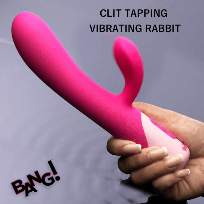A hand holds the Clit Tapping Rabbit Flexible Silicone Vibrator above a reflective surface. Black text reads "CLIT TAPPING VIBRATING RABBIT," highlighting G-spot stimulation. "BANG!" appears boldly at the bottom left.