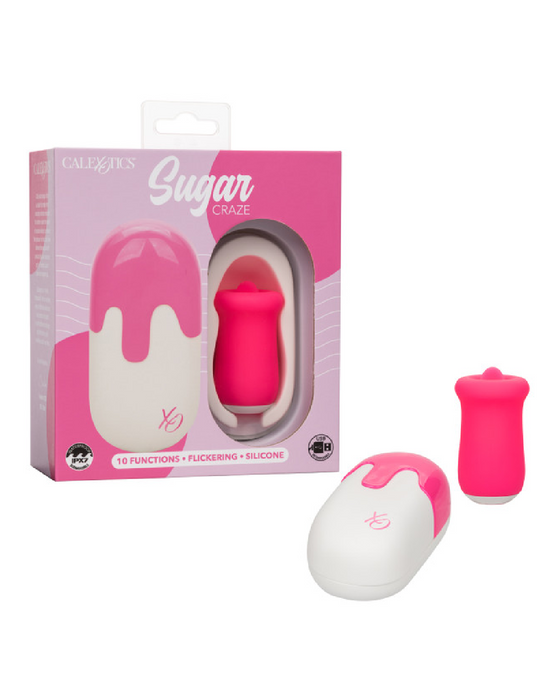 Sugar Craze Licking Tongue Vibrator with Lid next to product box 