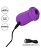 Sugar Rush Clitoral Suction Vibrator with Lid  with cord plugged in and graphics showing product features 