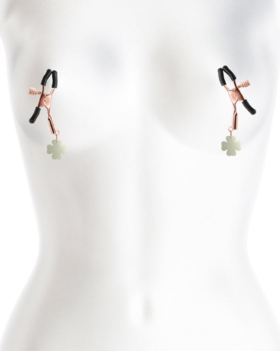 Glow in the Dark Clover Shaped Nipple Clamps on mannequin 