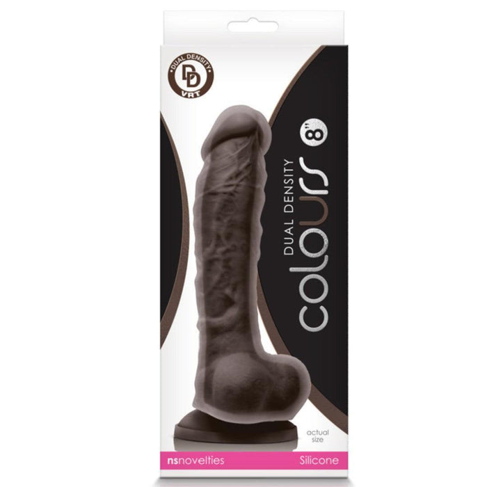The Colours Long 9.5 Inch Dual Density Dark Tone Silicone Dildo with Balls is a boxed sex toy featuring platinum grade silicone, pronounced veins, and testicles. Packaging showcases the upright product with branding on a white and black background.