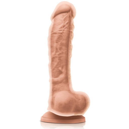 The Colours Long 9.5 Inch Dual Density Light Tone Silicone Dildo with Balls features realistic dual-density platinum silicone, a veined texture, pronounced head, testicles at the base, a suction cup bottom, and is harness compatible.