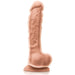 The Colours Long 9.5 Inch Dual Density Light Tone Silicone Dildo with Balls features realistic dual-density platinum silicone, a veined texture, pronounced head, testicles at the base, a suction cup bottom, and is harness compatible.