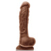 The Colours Long 9.5 Inch Dual Density Medium Tone Silicone Dildo with Balls, featuring a pronounced head, textured veins, and a rounded base for strap on play, is shown against a white background.