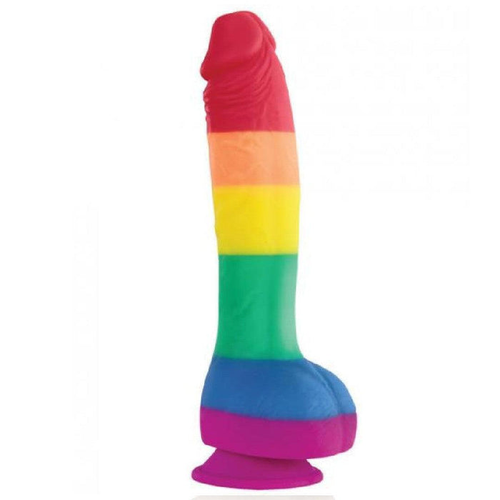 The Colours Pride Rainbow Long Thick Silicone 9.5 Inch Dildo features vibrant horizontal pride flag stripes and a suction cup base, making it perfect for celebrating LGBTQ+ pride.