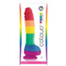The Colours Pride Rainbow Long Thick Silicone 9.5 Inch Dildo is shown in vibrant packaging with a rainbow border, labeled "actual size," and features a sturdy suction cup base.
