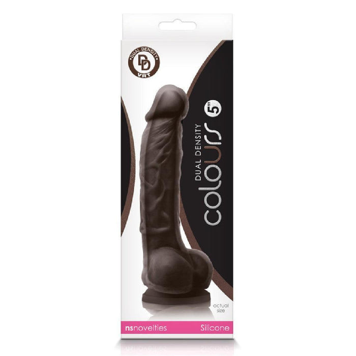 The Colours Realistic 5 Inch Dual Density Dark Tone Silicone Dildo with Balls is packaged vertically in a branded box, featuring a lifelike silicone design with a suction cup base and visible product information.