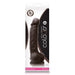 The Colours Realistic 5 Inch Dual Density Dark Tone Silicone Dildo with Balls is packaged vertically in a branded box, featuring a lifelike silicone design with a suction cup base and visible product information.