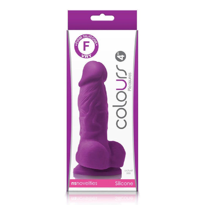 The Colours Realistic 6 Inch Purple Silicone Suction Cup Dildo comes in packaging with a clear window displaying its lifelike shape and texture, making it ideal for anal play fans.