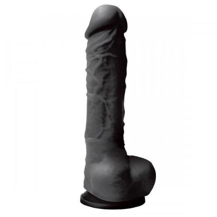 The Colours Realistic 7 Inch Black Silicone Suction Cup Dildo features lifelike veins, an erect penis shape, and a sturdy suction base—ideal for solo play or with a strap-on harness.