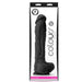 The Colours Realistic Huge 12 Inch Black Silicone Suction Cup Dildo is displayed upright in a clear box with branding; it features durable silicone construction and a strong suction cup base.