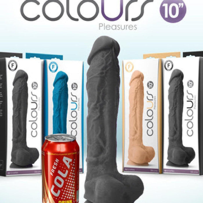 A display of five different colored silicone dildo products, including a Colours Realistic Huge 12 Inch Black Silicone Suction Cup Dildo in its box with a can of cola in front for size comparison.