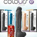 A display of five different colored silicone dildo products, including a Colours Realistic Huge 12 Inch Black Silicone Suction Cup Dildo in its box with a can of cola in front for size comparison.