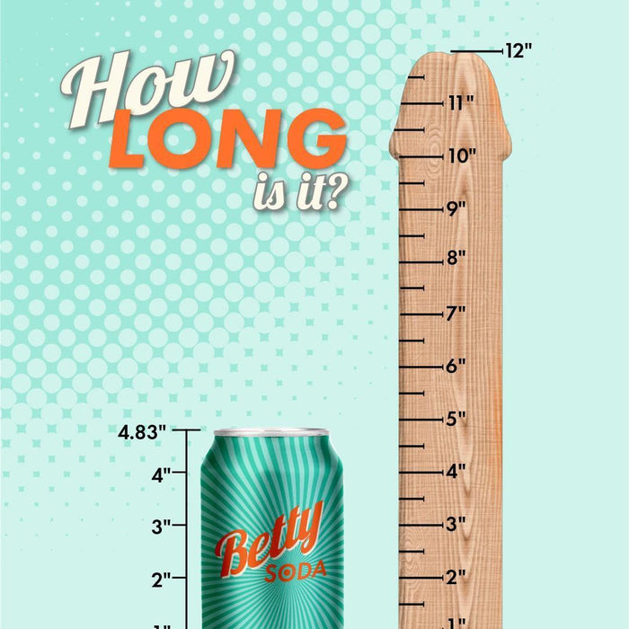 A graphic with a green "Betty Soda" can (4.83" tall) beside a wood ruler shaped like the Colours Realistic Huge 12 Inch Black Silicone Suction Cup Dildo, marked up to 12", and the text "How long is it?" above.