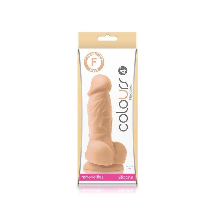The Colours Realistic Small 6 Inch Light Toned Silicone Dildo with Suction Cup, by NS Novelties, comes in beige and clear packaging and features a lifelike shape—ideal for beginners and first-time users.