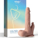 Product image featuring a box labeled “Colter Thrusting Large 8.5" Realistic App Controlled Dildo with Clit Licker” next to a beige, phallic-shaped adult toy designed for sexual stimulation.