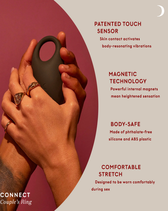 A hand holding a Pepper Connect Vibrating Cock Ring designed with touch sensor, magnetic technology, and body-safe silicone, highlighting the features for comfort and enhanced sensation.