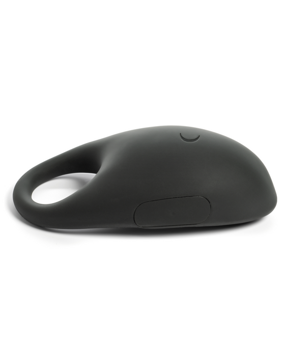 A sleek black Pepper Connect Vibrating Cock Ring with a modern ergonomic design, featuring body-safe silicone isolated on a white background.